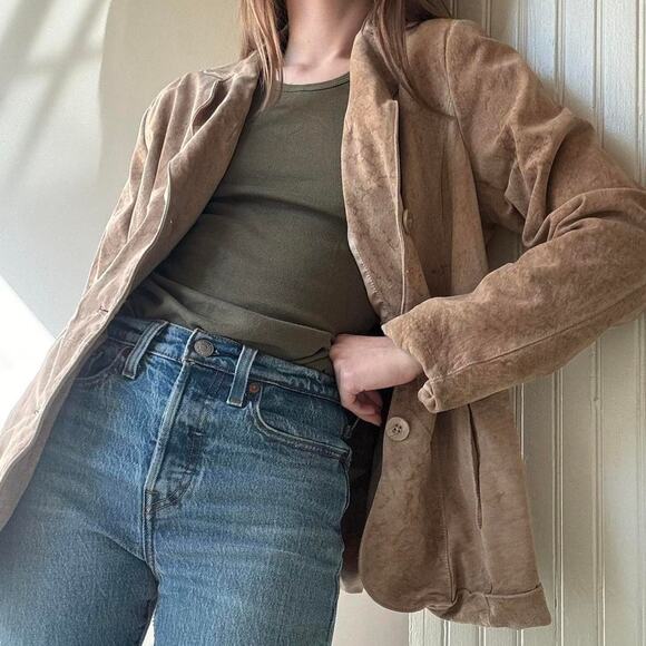 Vintage Preston & York Tan Suede Leather Jacket Medium Y2K - Picture 1 of 8